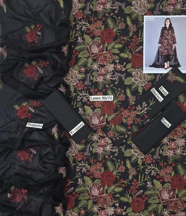 Black embroidered 3pcs unstiched suit - Image 3