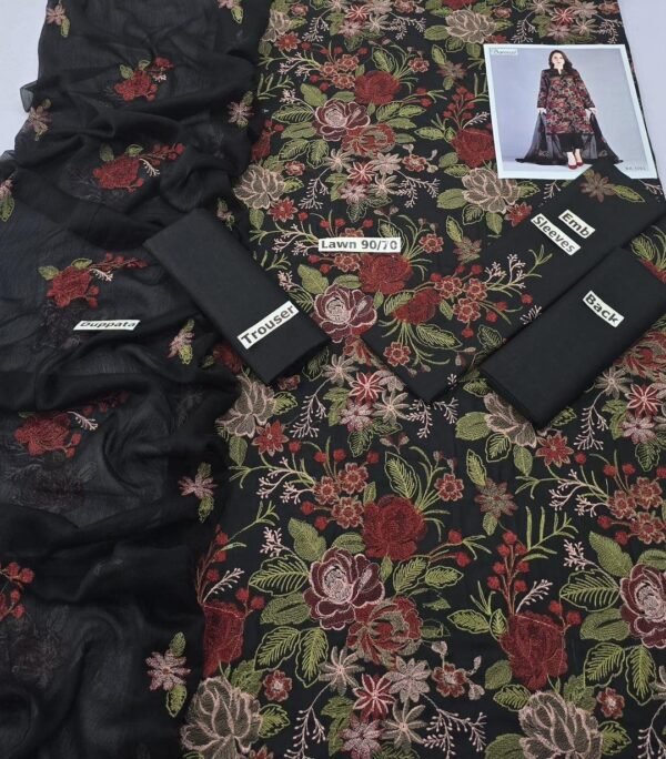 Black embroidered 3pcs unstiched suit - Image 2