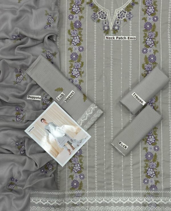 Elegant grey 3pcs unstiched embroidered suit - Image 3