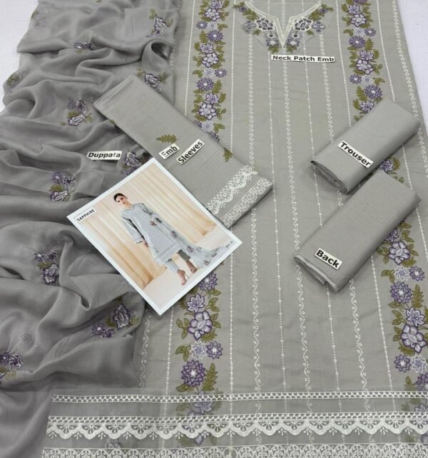 Elegant grey 3pcs unstiched embroidered suit - Image 2
