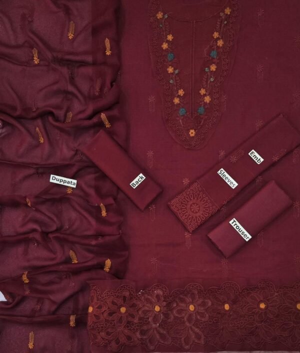 Exquisite maroon embroidered  3pcs with patch work - Image 2