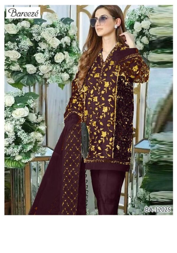 Exquisite 3 pcs brown unstiched embroidered suit - Image 2