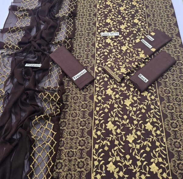 Exquisite 3 pcs brown unstiched embroidered suit - Image 4