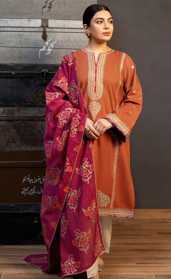 3 pcs women s unstiched embroidered suit - Image 2