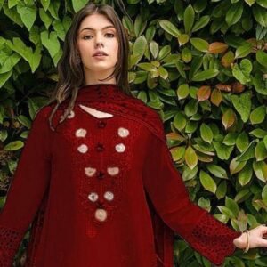 Exquisite maroon embroidered  3pcs with patch work