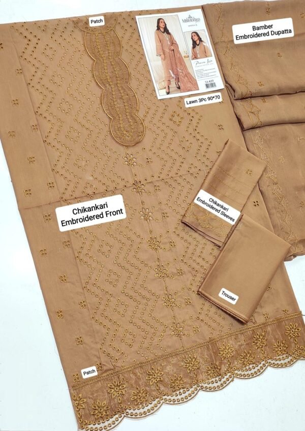3 pcs unstiched lawn embroidered suit - Image 3
